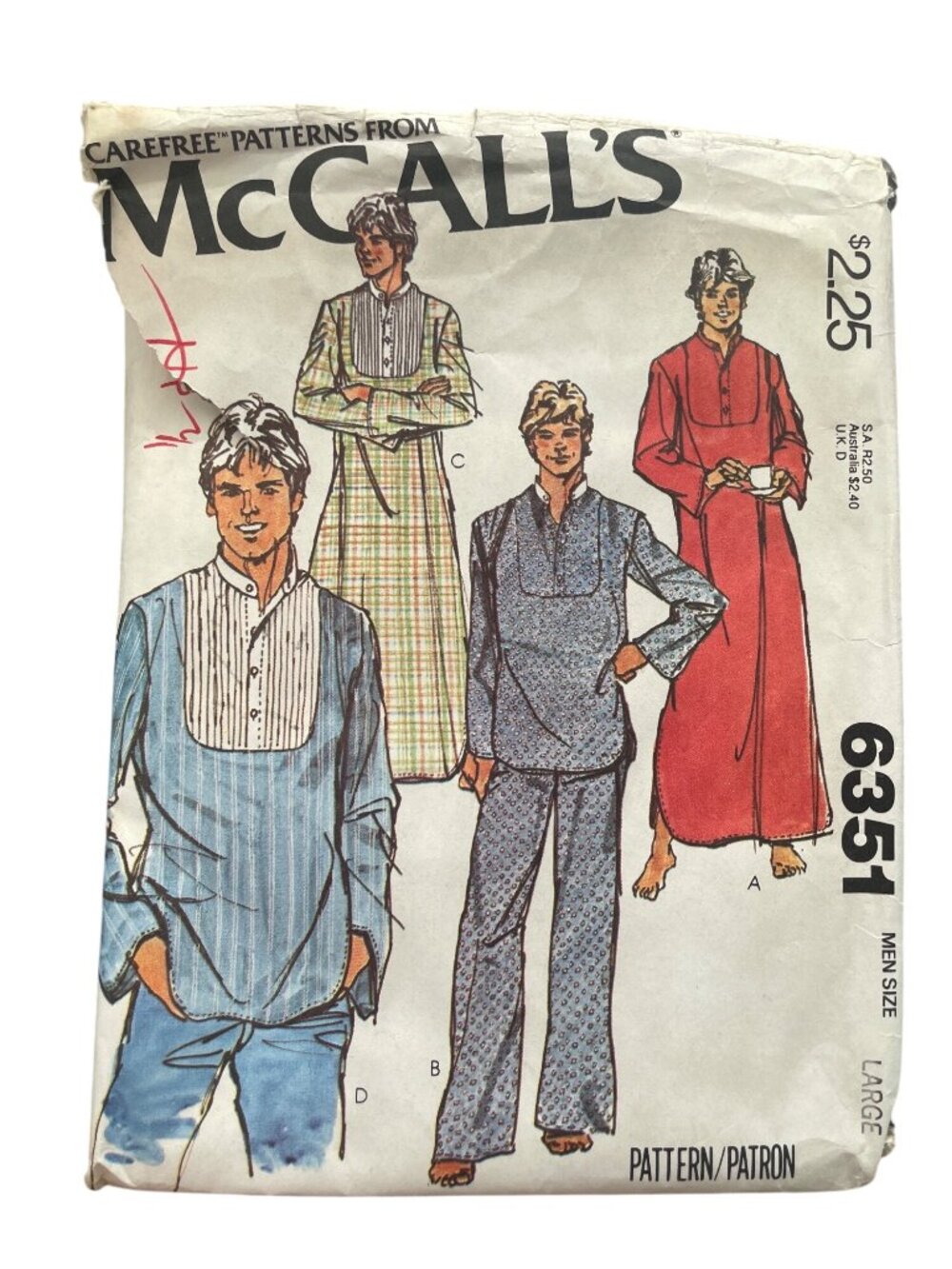 Vintage 70s McCalls 6351 Sewing Pattern Large Mens Caftan Shirts & Pajamas CUT